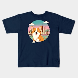 Cute corgi against the backdrop of a sunset city Kids T-Shirt